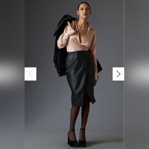 By Anthropologie Long-Sleeve V-Neck Faux Leather Satin Midi Dress Size 14